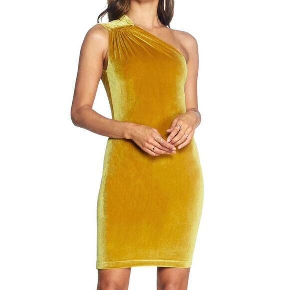 DRESS THE POPULATION x COSMO NWT Sunbeam Bellamy Velour One Shoulder Mini Dress - Picture 1 of 9